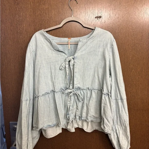 Free People Denim Brunch Babe Top - Picture 2 of 4